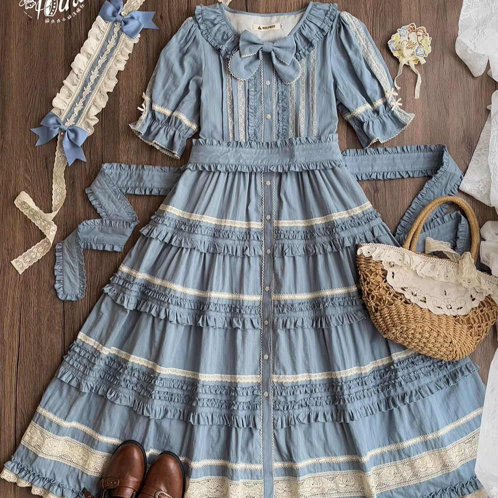 Miss Point~Cat Rose Tea~Elegant Lolita OP Open-front Short Sleeve Tiered Dress 42135:727350