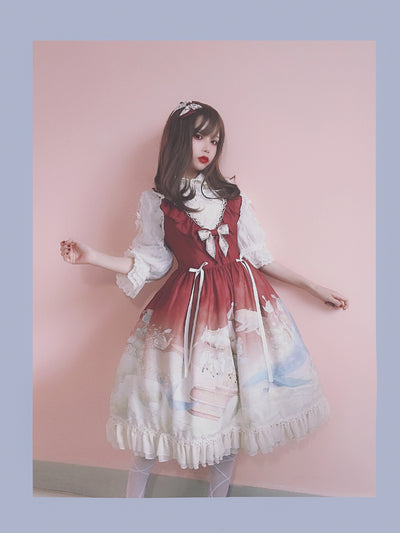 Amnesia~Dream Whale Island~Elegant Lolita V-shaped Neckline JSK s0 dark red 