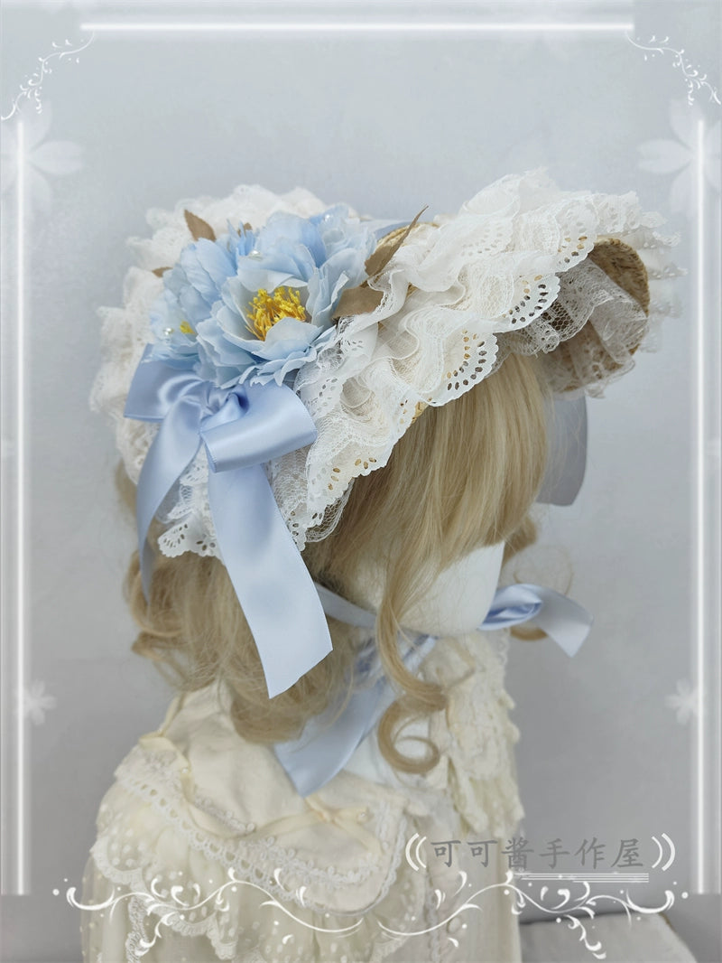 Cocoa Jam~Country Lolita Bonnet Lace Flower Flat Cap Multicolors Customized 36112:524664