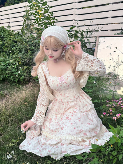 Yingtang~Plus Size Lolita SK Suit Swee Lace Hollow Out Top Floral Skirt   