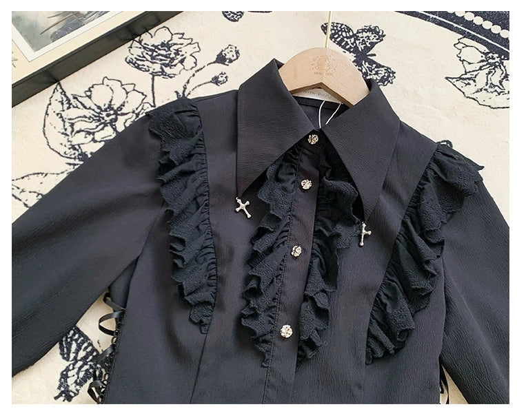 With PUJI - Black White Gothic Lolita Blouse, Waist Lace-Up