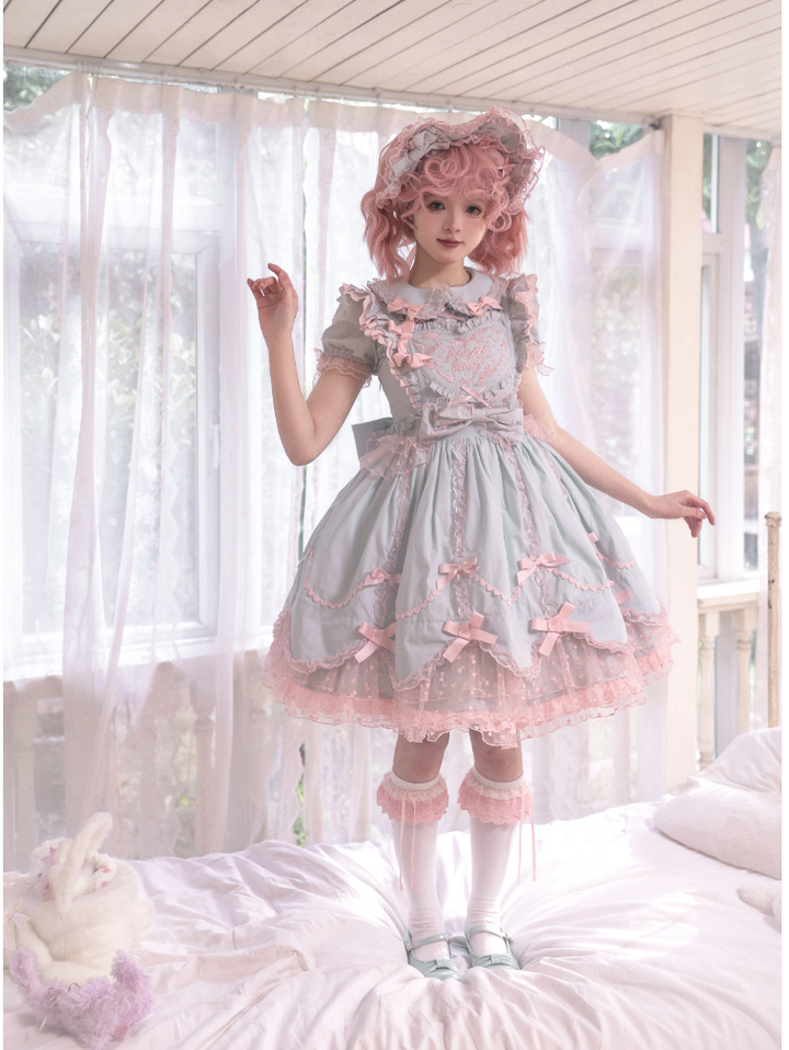 (BFM)The Seventh Doll~Sweet Diary SP~Vintage Lolita Jumper Dress Petal-like Hem JSK Headdress Set S blue-green bonnet full set(a JSK +a short sleeve shirt+ a pair of cuffs and a bonnet) 