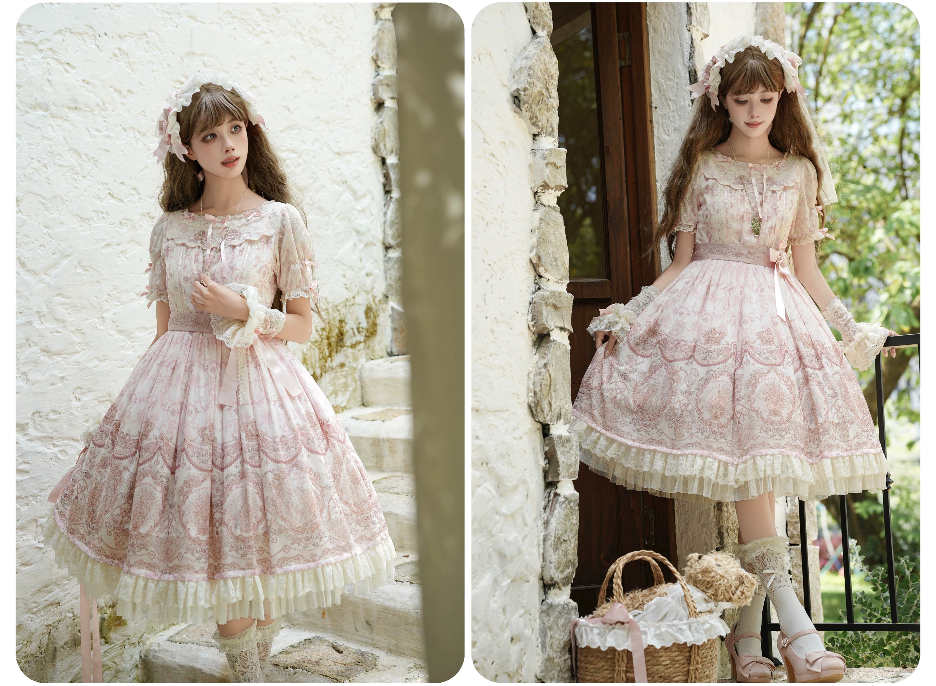 Rose Fragrance - Classic Lolita Lace JSK & OP Dress, Rose & Perfume Bottle Print 45850:865582