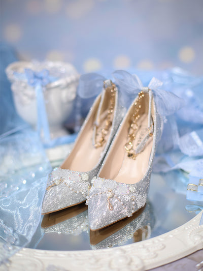 Sky Rabbit~Flowing Light Ode~Thick Heels Silver Lolita Shoes 32 sparkling silver thin heel middle high 6.5cm 