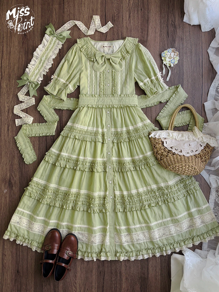 Miss Point~Cat Rose Tea~Elegant Lolita OP Open-front Short Sleeve Tiered Dress 42135:727816