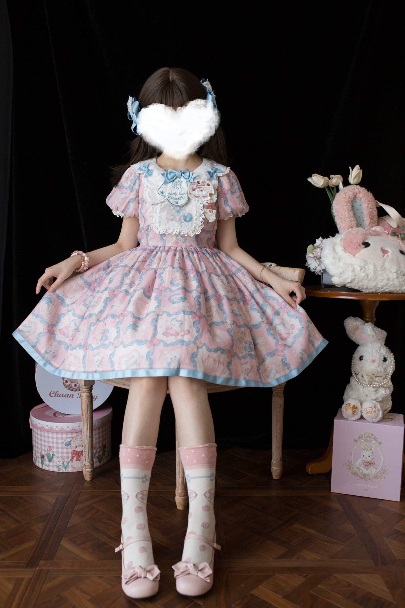 Ocean Nominal~Luck Cat~Lovely Lolita OP Dress Short Sleeve Cat Print Dress   