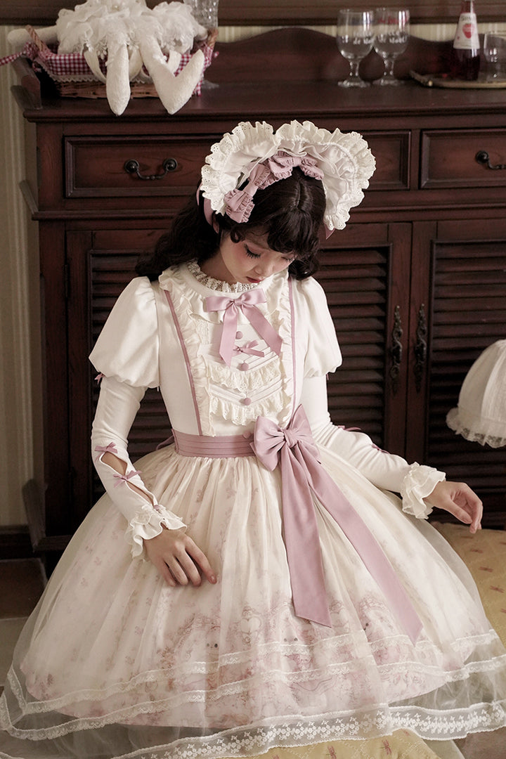 Half Sweet Lolita~Doll Garden~Sweet Lolita JSK Dress Cat Print Pink Dress Set S off-white headband 