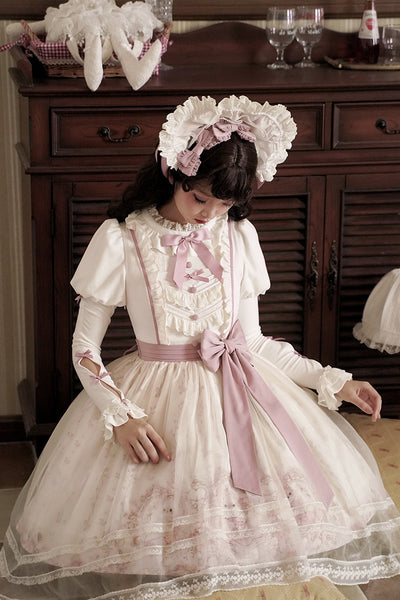 Half Sweet~Doll Garden~Sweet Lolita JSK Dress Cat Print Pink Dress Set S off-white headband 