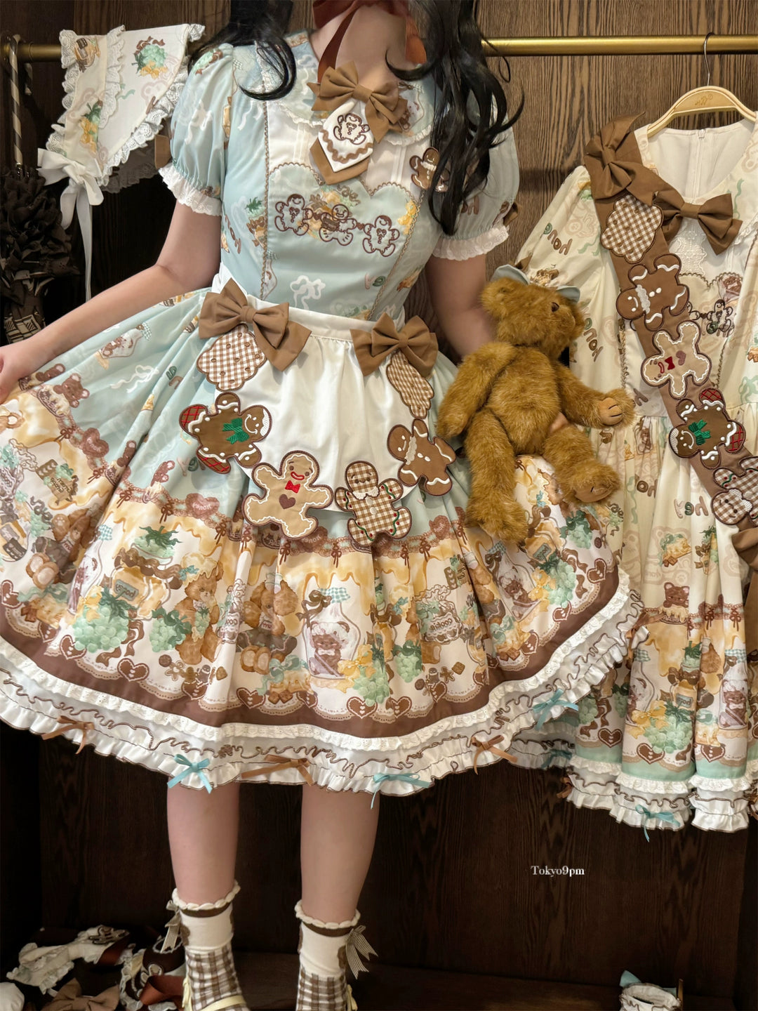 Babyblue~Little Bear Honey Jar~Kawaii Lolita Short Sleeve OP Gingerbread Man Embroidered Dress 40362:656936