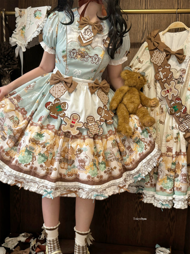 Babyblue~Little Bear Honey Jar~Kawaii Lolita Short Sleeve OP Gingerbread Man Embroidered Dress 40362:656894