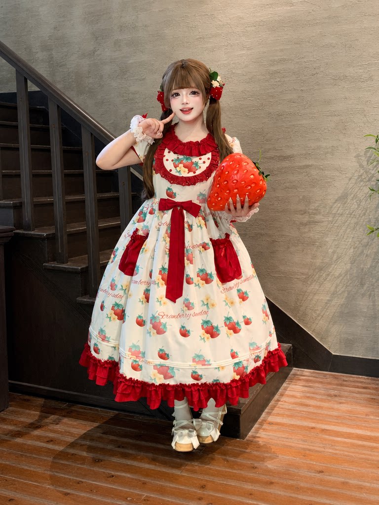 Sweet Berry Tidings - Plus Size Sweet Lolita OP Dress, Strawberry Print 45851:865339