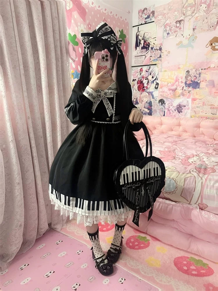 Piano Serenade - Old School Lolita Cape Layered Dress, Musical Note Embroidery 45785:862522