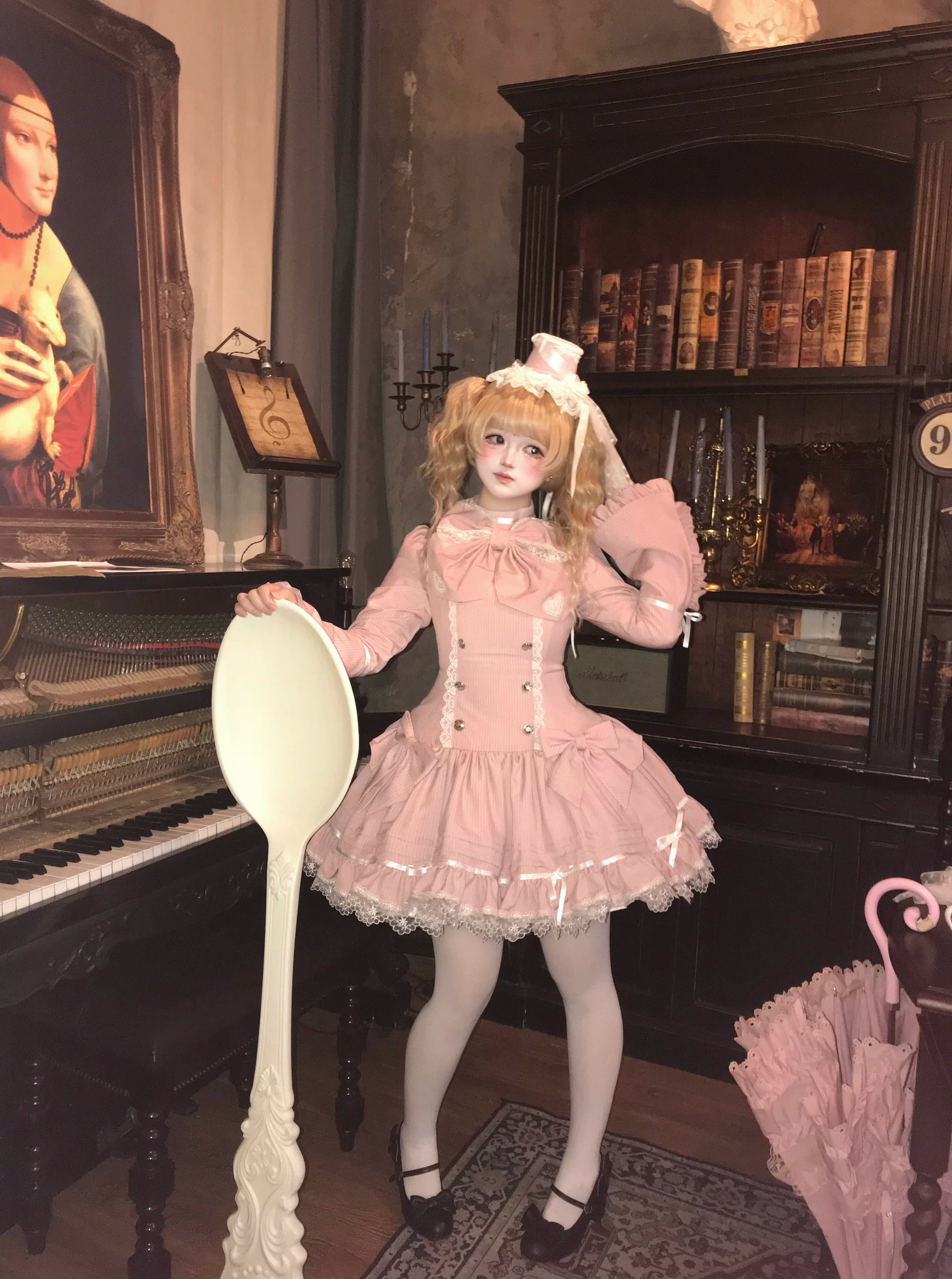 Phantom Kitty - Old School Lolita Low Waist OP Dress, Lace & Bow