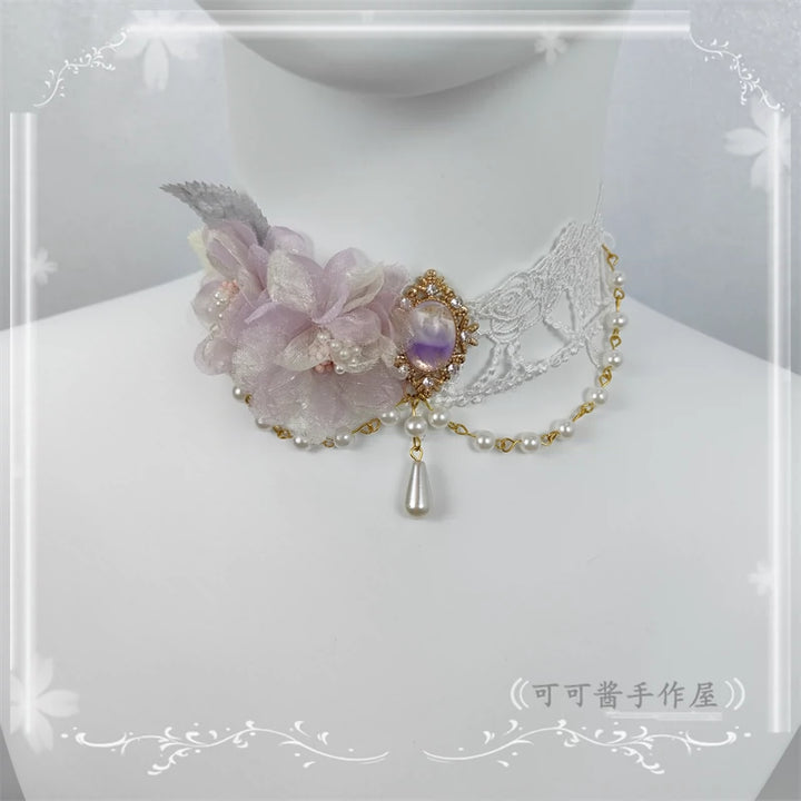 Cocoa Jam~Elegant Lolita Necklace Rose Gemstones and Pearl Necklace white purple  
