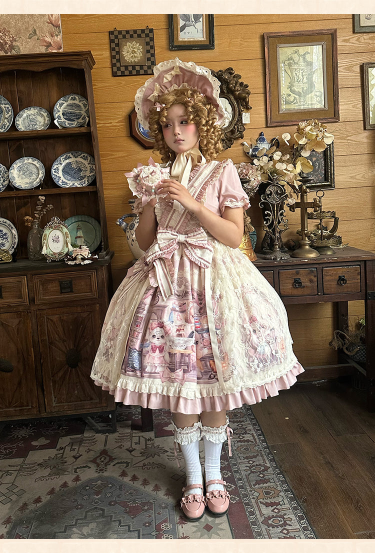 Spireme Cat~Puppy Cafe~Sweet Lolita OP Dress with Lace Skirt Overlay and Accessory 42408:739284