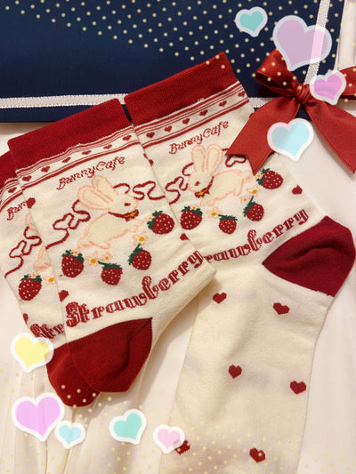 Yukines Box~Kawaii Lolita Strawberry Bunny Print Socks   