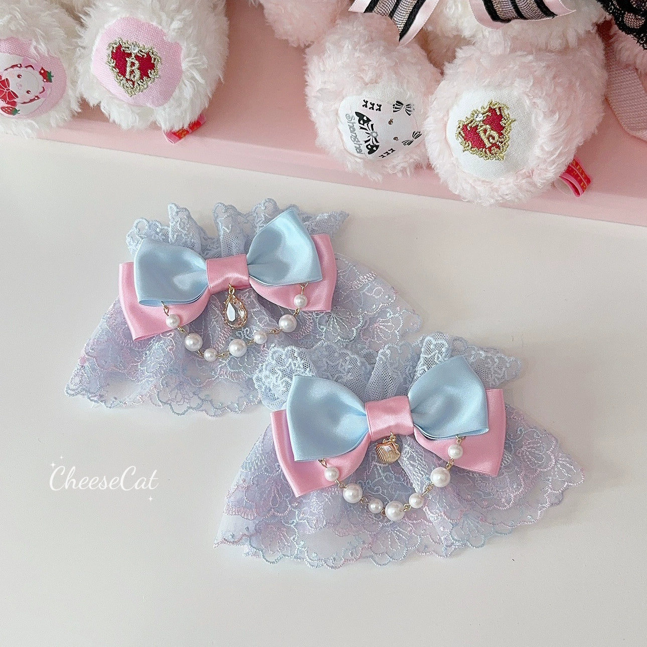 CheeseCat - Sweet Lolita Lace Cuffs Seashell Embroidery Ribbon Bow Pink Blue Cuffs (a pair)