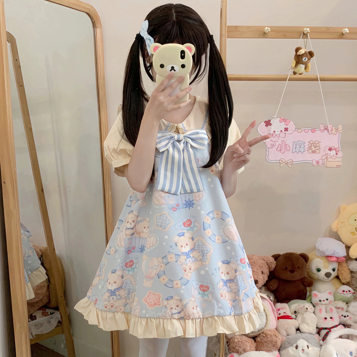 Sissy herding sheep~Navy Bear~Sweet Lolita OP Dress Blue Bear Print Dress and Hair Clips   