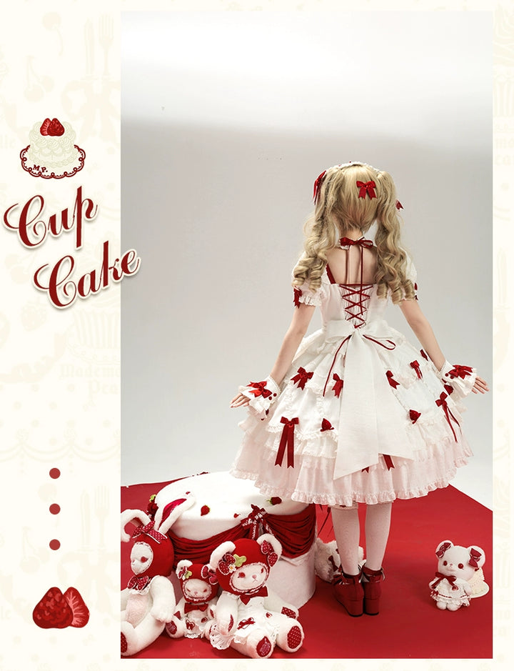Mademoiselle Pearl - Cup Cake - White, Red Bow, Sweet Lolita Dress Set 43333:773869