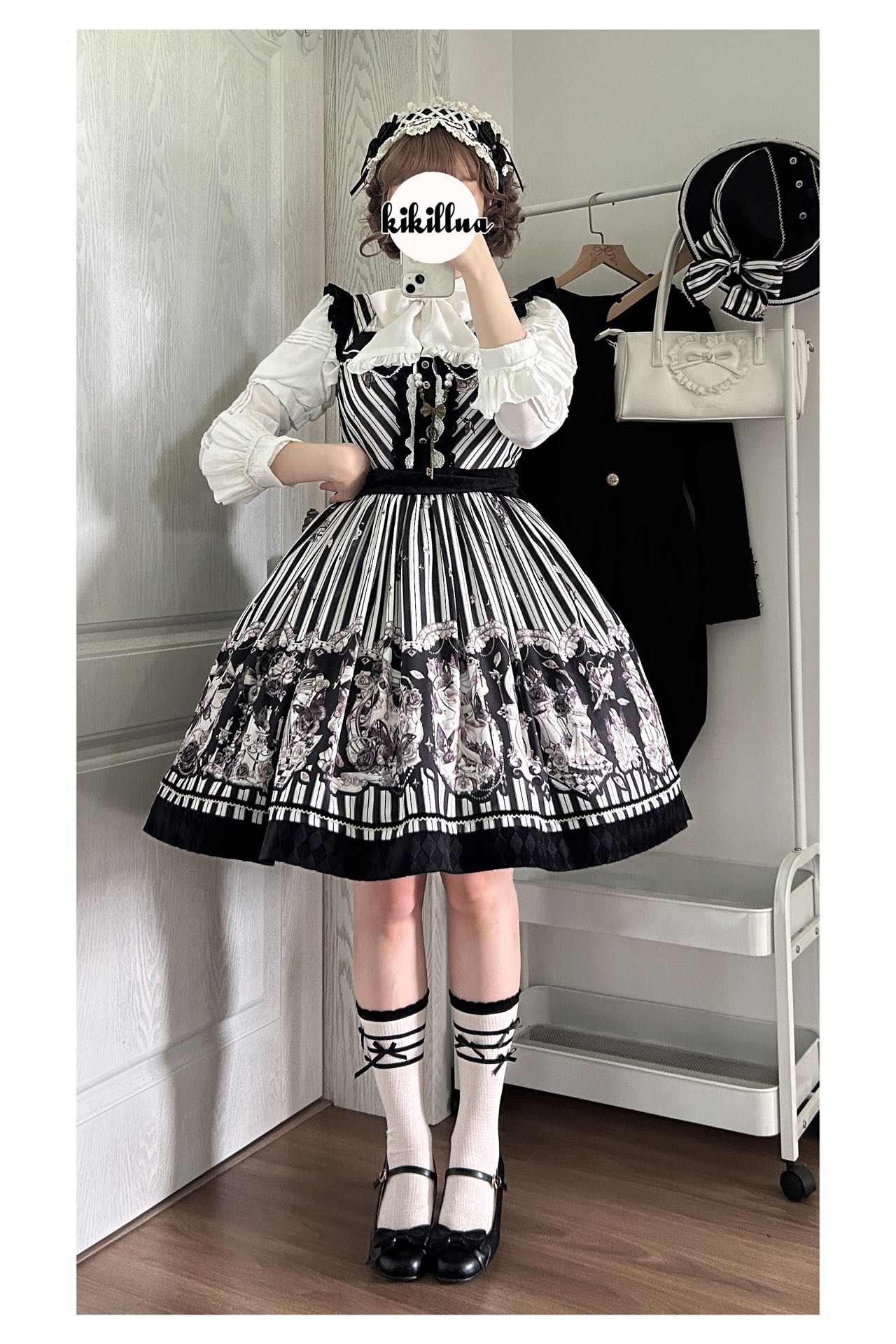 (Buyforme)Little Bear~Gothic Lolita Black and White Striped JSK Set   