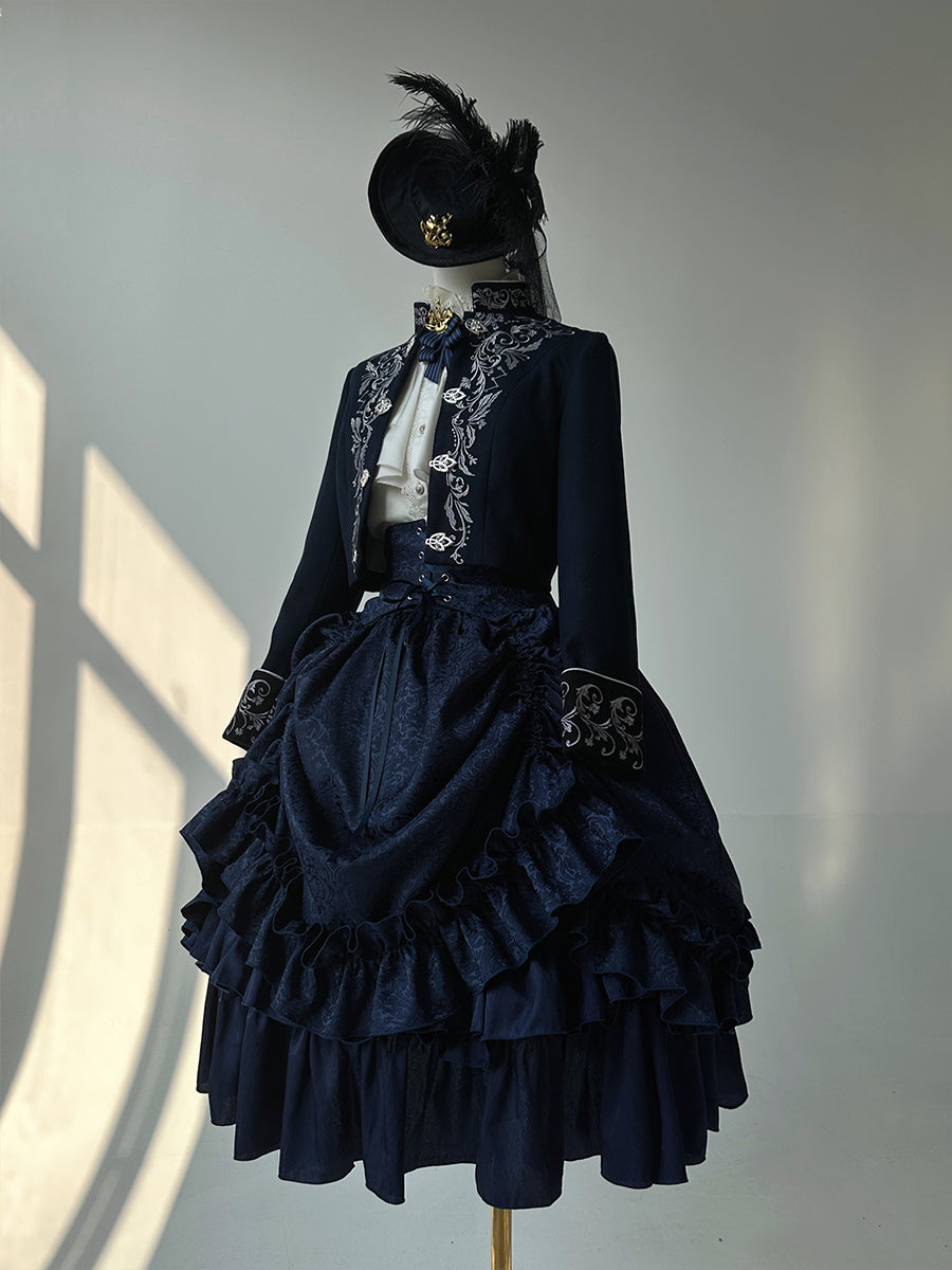 (BFM)ZJstory~Ouji Lolita Embroidery Set Court Style Skirt and Pants S Dark blue female SK set (Short Jacket + Vest + SK) 
