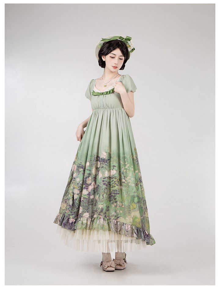 With PUJI~Blooming Rose~Chiffon Classic Lolita Dress Set Painting Styled OP & JSK 42925:758696