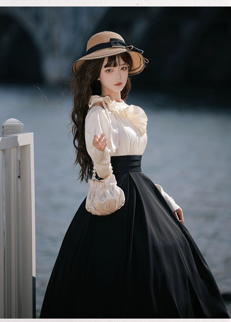 With PUJI~Roman Holiday~Classic Lolita OP Dress Faux Two-Piece Long Sleeve Dress Spring   