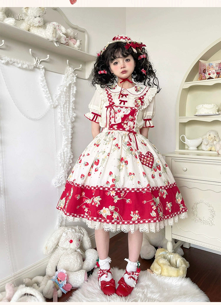 Piggy Bun - Sweet Lolita Shirt Strawberry Embroidery Ivory Blouse