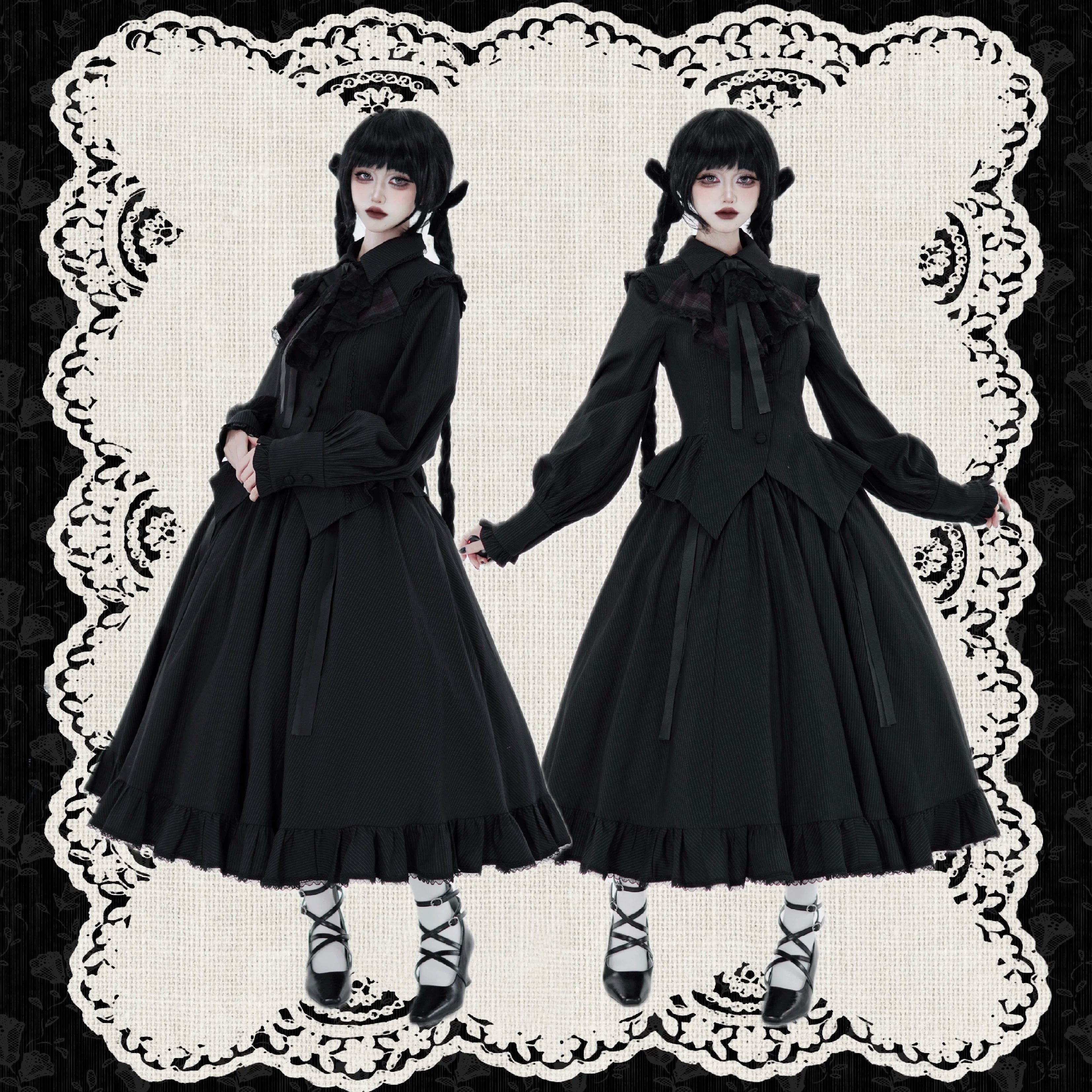 Lyra Nocturne - Gothic Lolita Slanted Placket Shirt Set, Plaid or Striped Black Striped - Long Sleeve Shirt Only (without jabot) XS