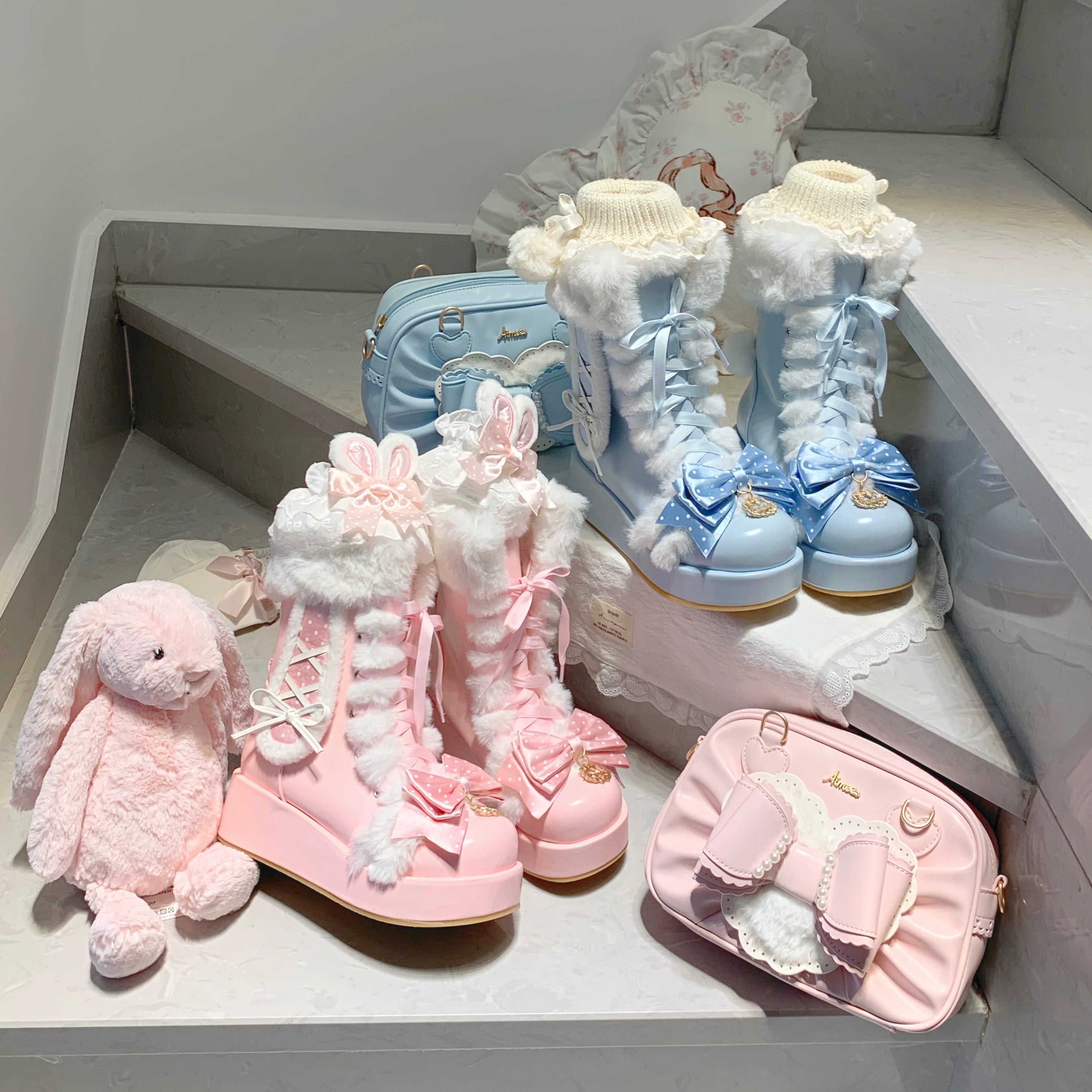Aimee - Cherry Snow Bunny Ears - Winter Sweet Lolita Boots, Bunny Ears 44050:793559