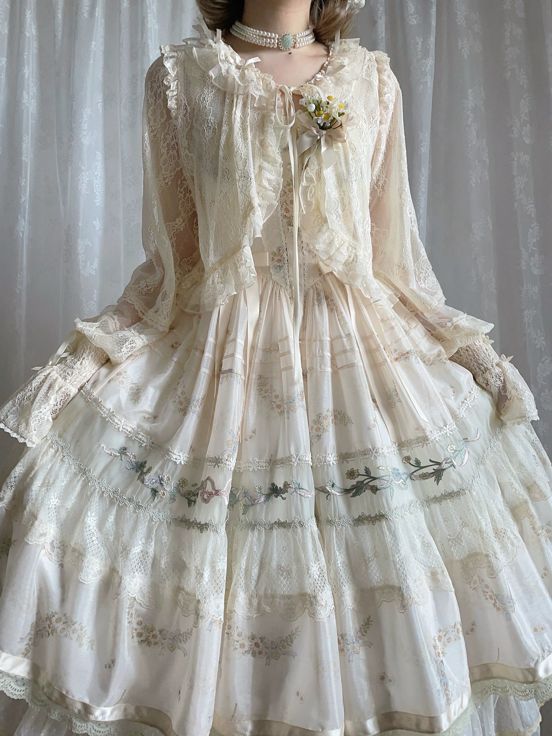 Daisy Poetry - Classic Lolita Lace JSK & OP Dress, Daisy Print and Embroidery (L M S XL) 45825:863991