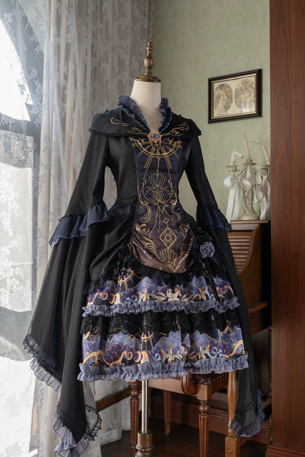 YingLuoFu - Astro Cat - Gothic Lolita OP Suit Witch Lolita Dress and Shawl OP only (with bow) S