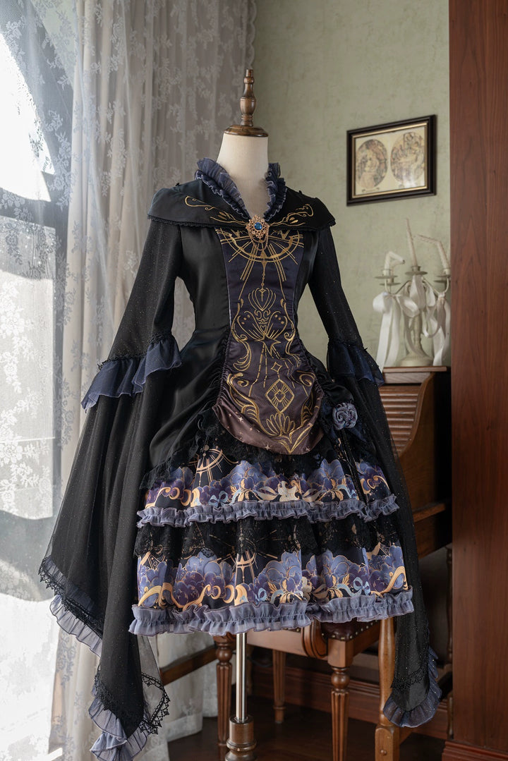 YingLuoFu~Astro Cat~Gothic Lolita OP Suit Witch Lolita Dress and Shawl OP only (with bow) S