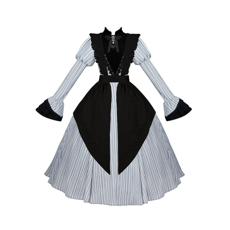 With PUJI~Nocturne SP~Striped Gothic Lolita OP Twin Lolita Dress with Apron 42192:731241