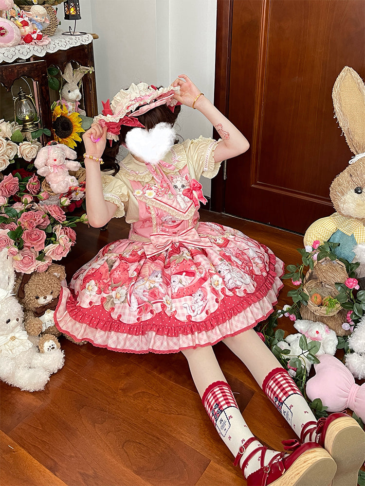 Mewroco~Strawberry Cat~Sweet Lolita Dress Suit JSK and Salopette with Cat Prints