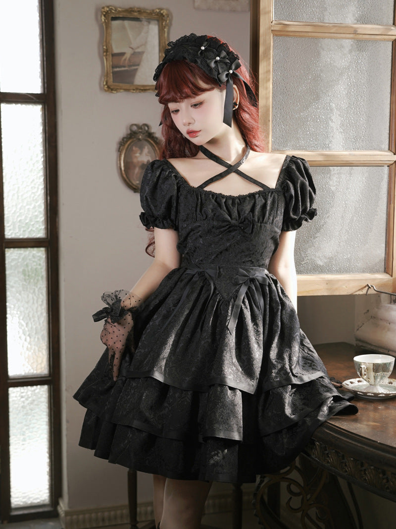 Eieyomi~Thorn Rose~Gothic Lolita Three-layer Ruffle Black OP   