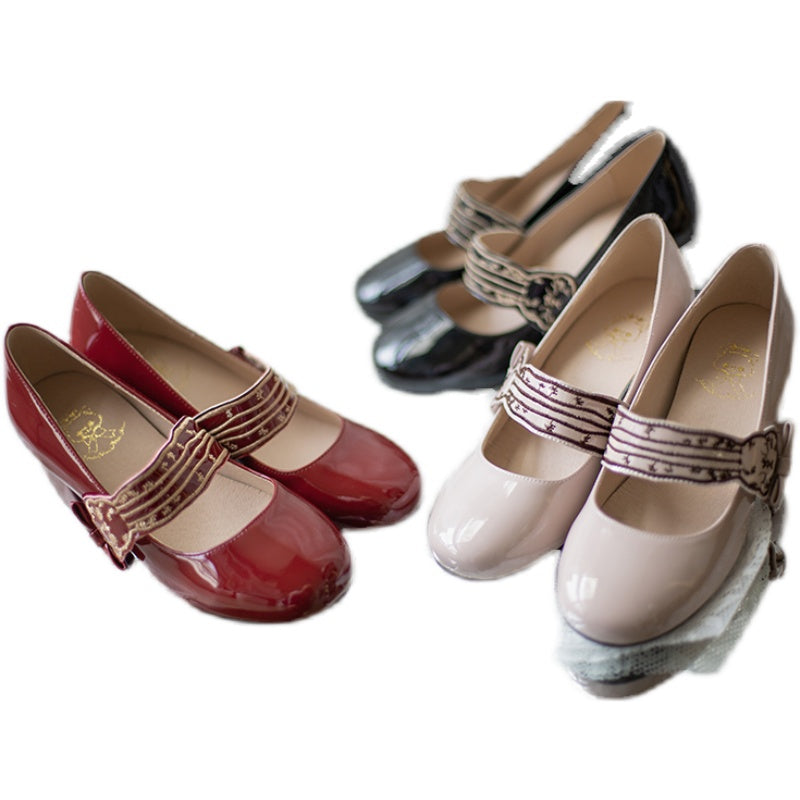 Mumu~Embroidery Rabbit~Kawaii Lolita Mid-Heeled Bows Shoes Multicolors   