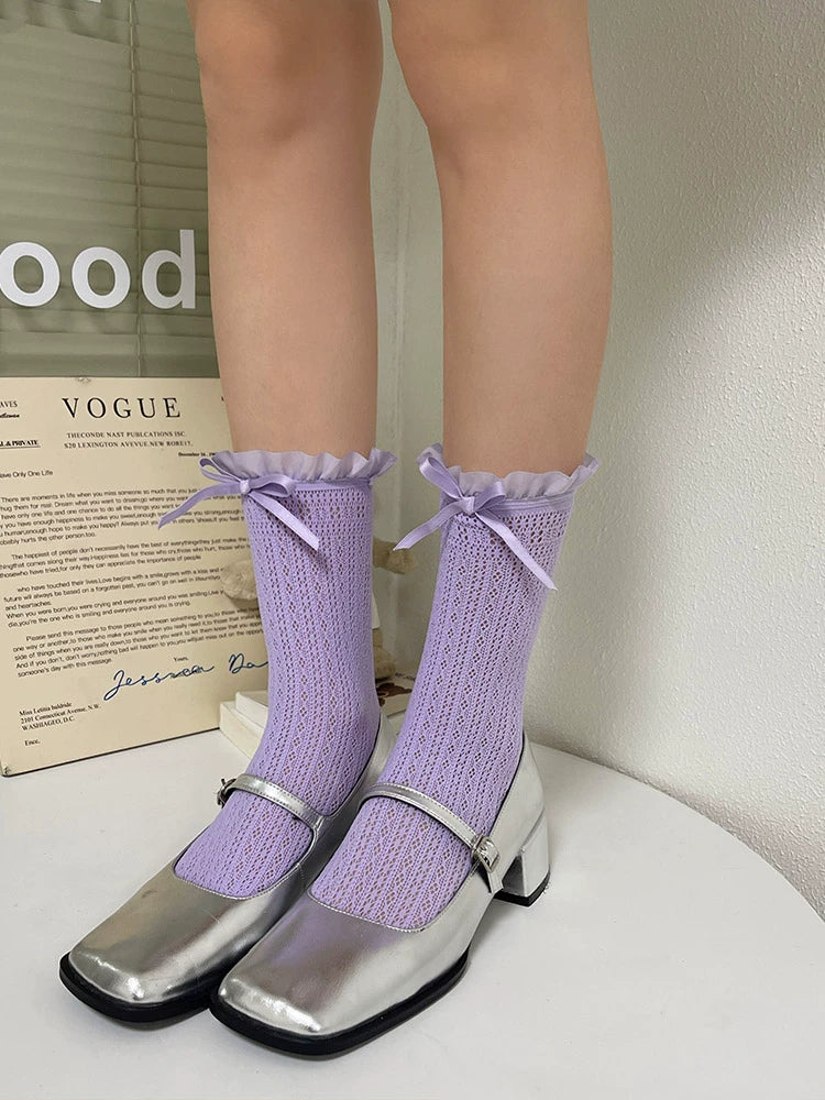WAGUIR~Sweet Lolita Socks Bow Lace Mid Tube Socks for Spring/Summer Purple Free size 