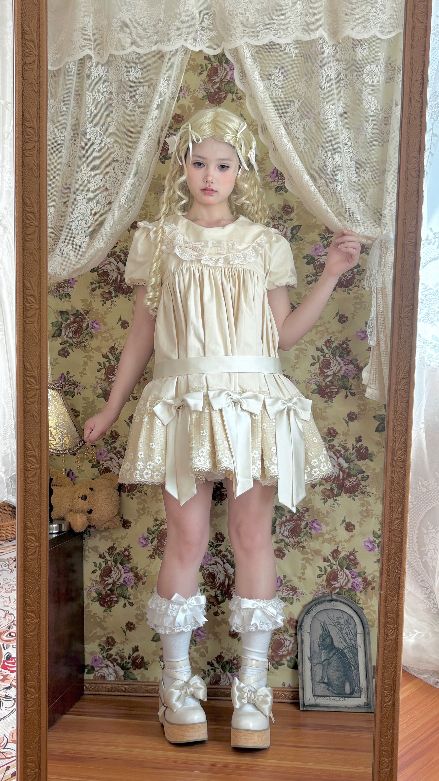 Fresh Tea Lolita - Meringue Frosting - Cotton Kawaii Lolita OP Dress with Satin Bow