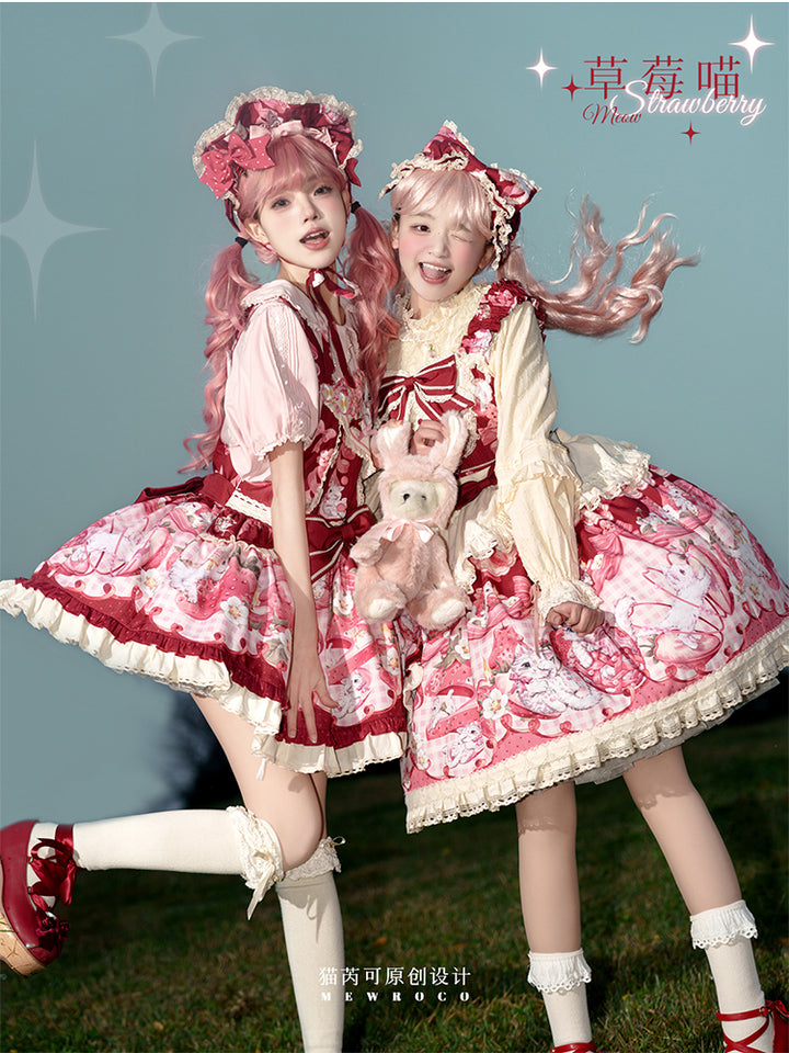 Mewroco~Strawberry Cat~Sweet Lolita Dress Suit JSK and Salopette with Cat Prints