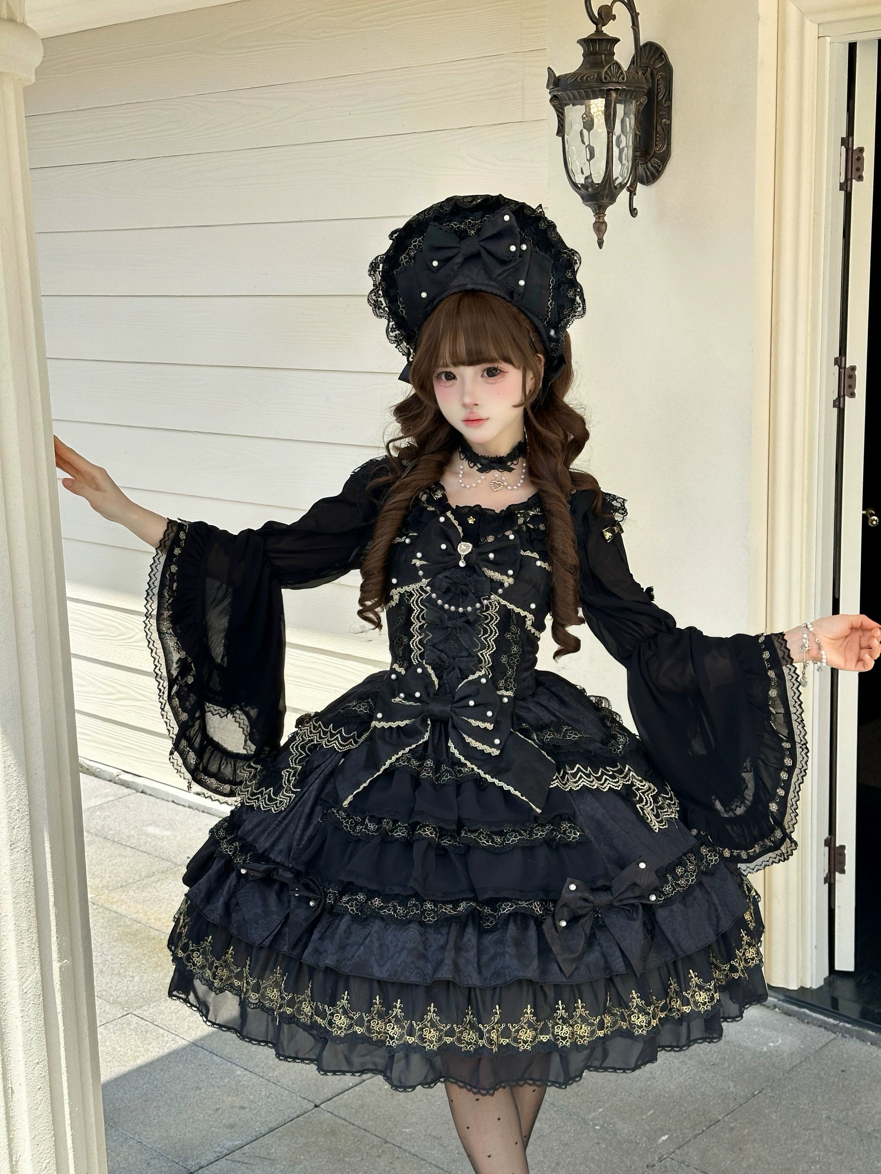 Slumbering Pearl Curtain - Sweet Lolita JSK Dress, Pearl Bows and Layered Lace (L M S) 45780:862483