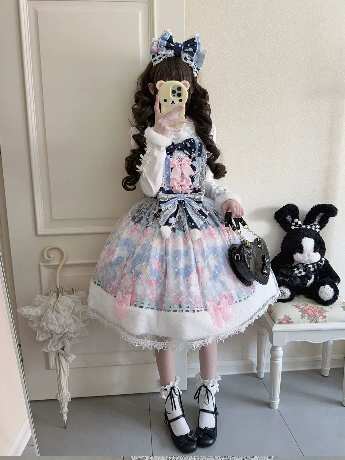 Hanguliang - Candy Mary Cat - Fluffy Sweet Lolita JSK Dress, Kitten Print Navy Blue JSK Only S
