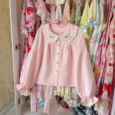 Sissy the shepherd~Pink Lolita Blouse Sweet Lolita Shirt Long Sleeve Small Pink bubble sleeve version 