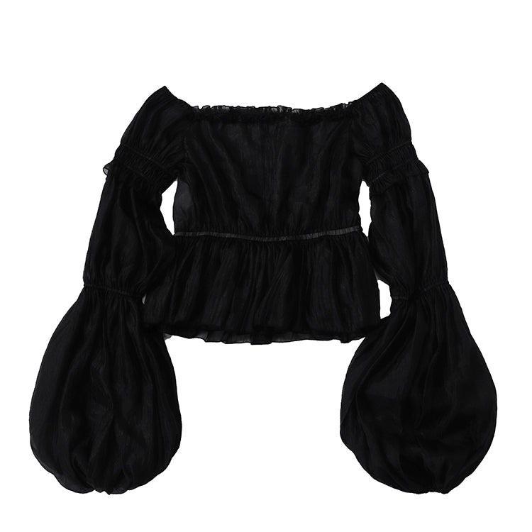 Balladeer~Classic Lolita Shirt Puff Sleeves Open Shoulder Blouse S Black (L M S XL / Black) 36010:511702