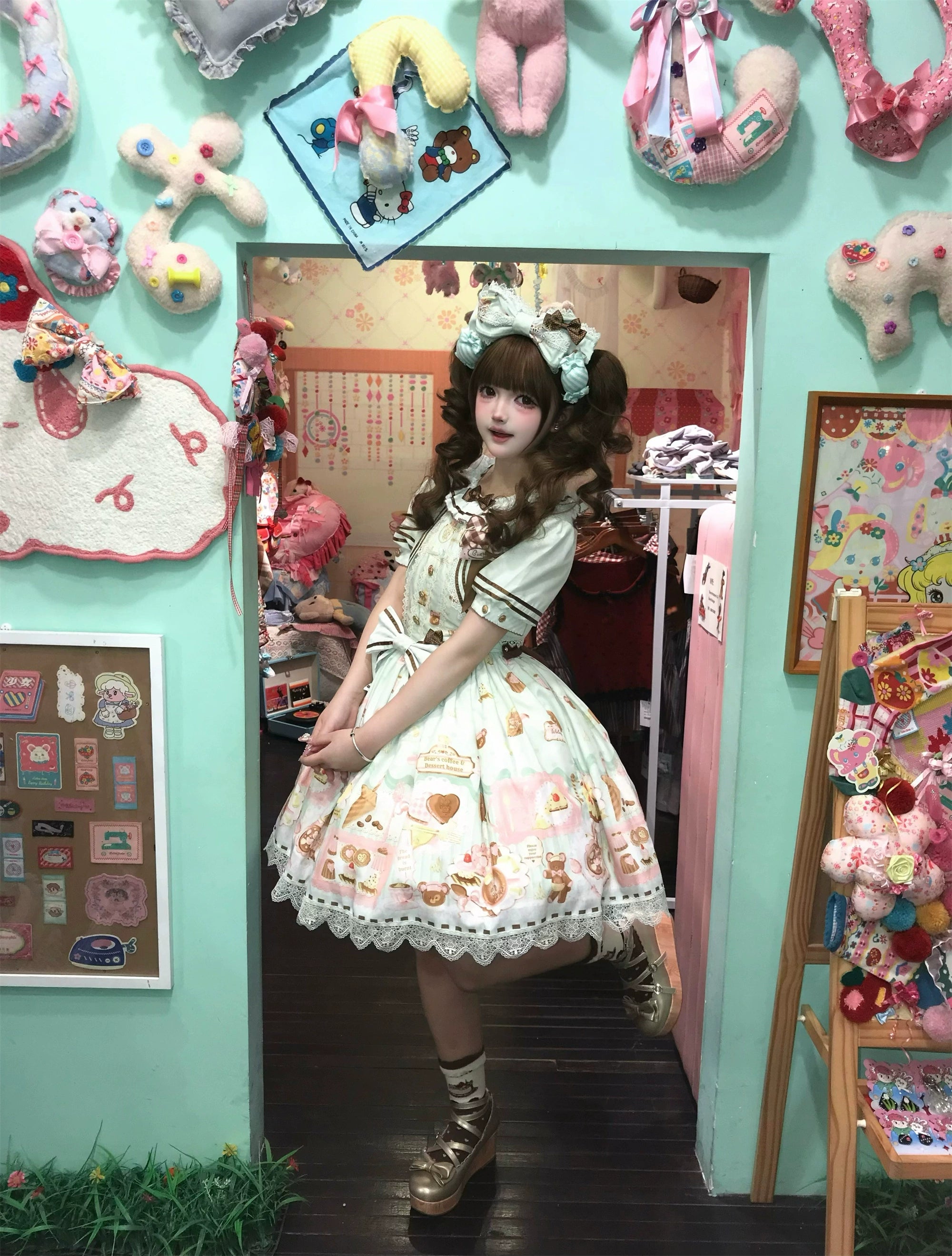 Babyblue - Dream Teahouse - Dessert Print Kawaii Lolita OP Dress Suit 43332:773711