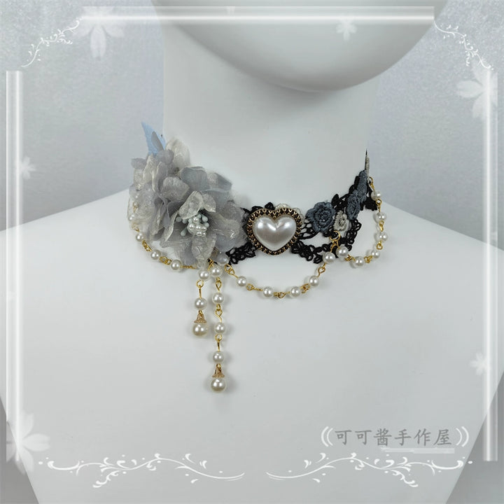 Cocoa Jam~Elegant Lolita Necklace Rose Gemstones and Pearl Necklace black grey blue  