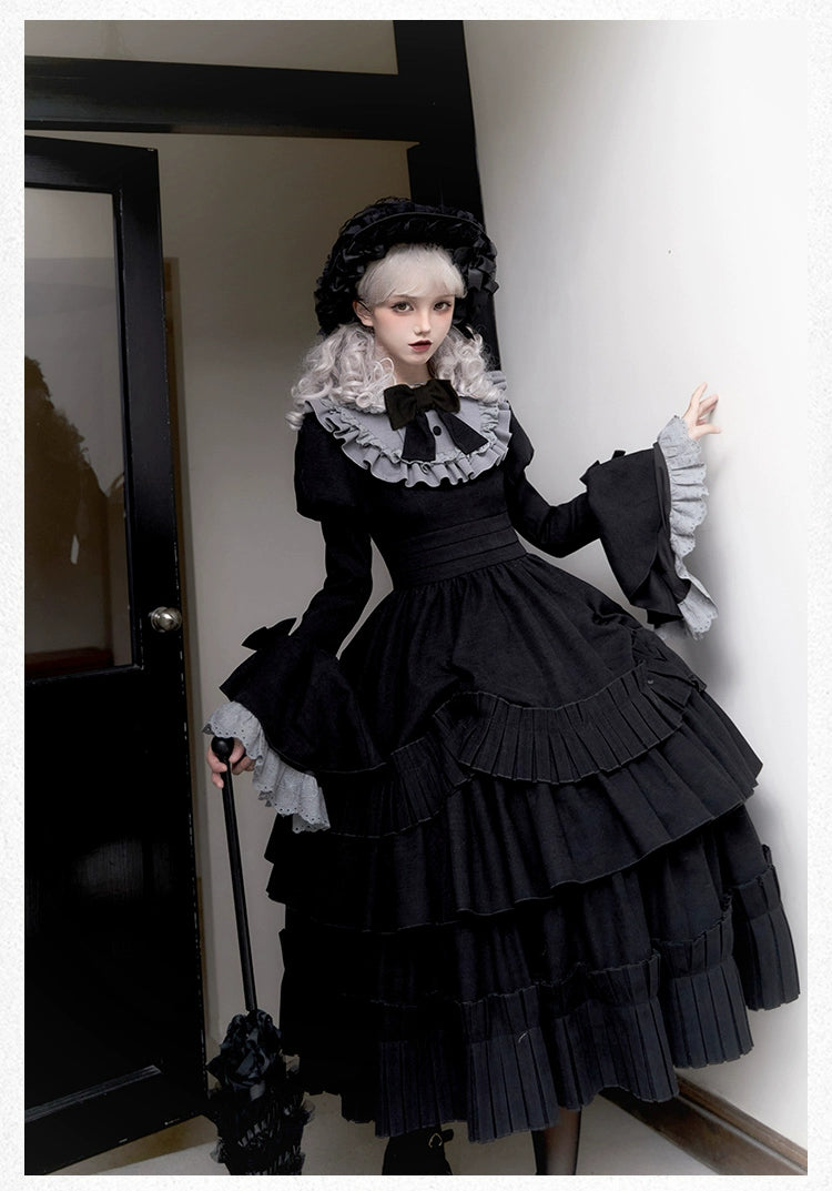 With PUJI~Midnight Chronicles~Black Old School Lolita OP Dress with Princess Sleeve