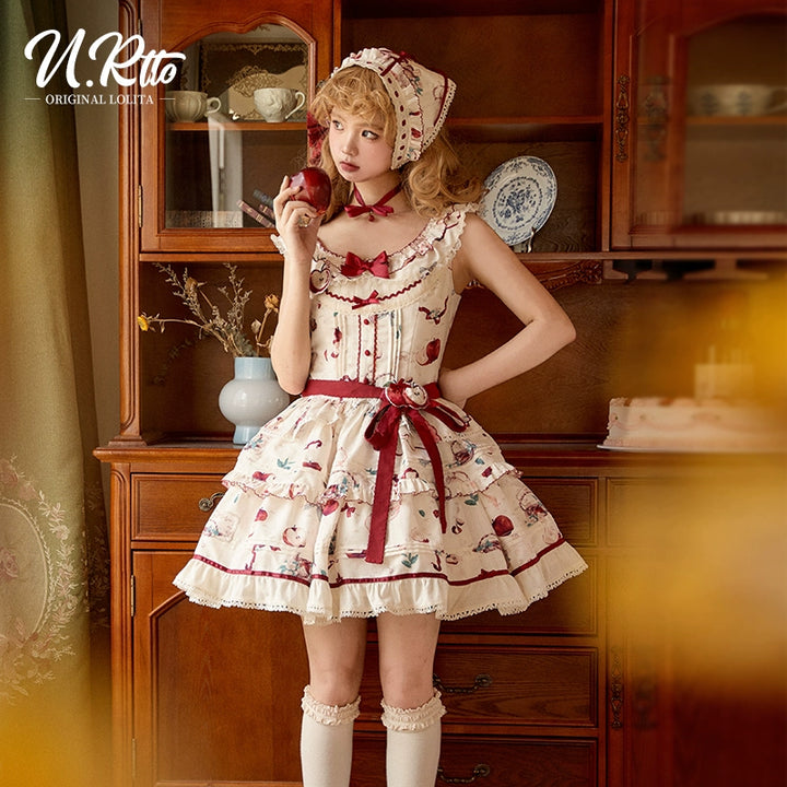Urtto~Apple Tea~Country Lolita Dress Elegant Floral Print JSK Dress S Short JSK - Beige 