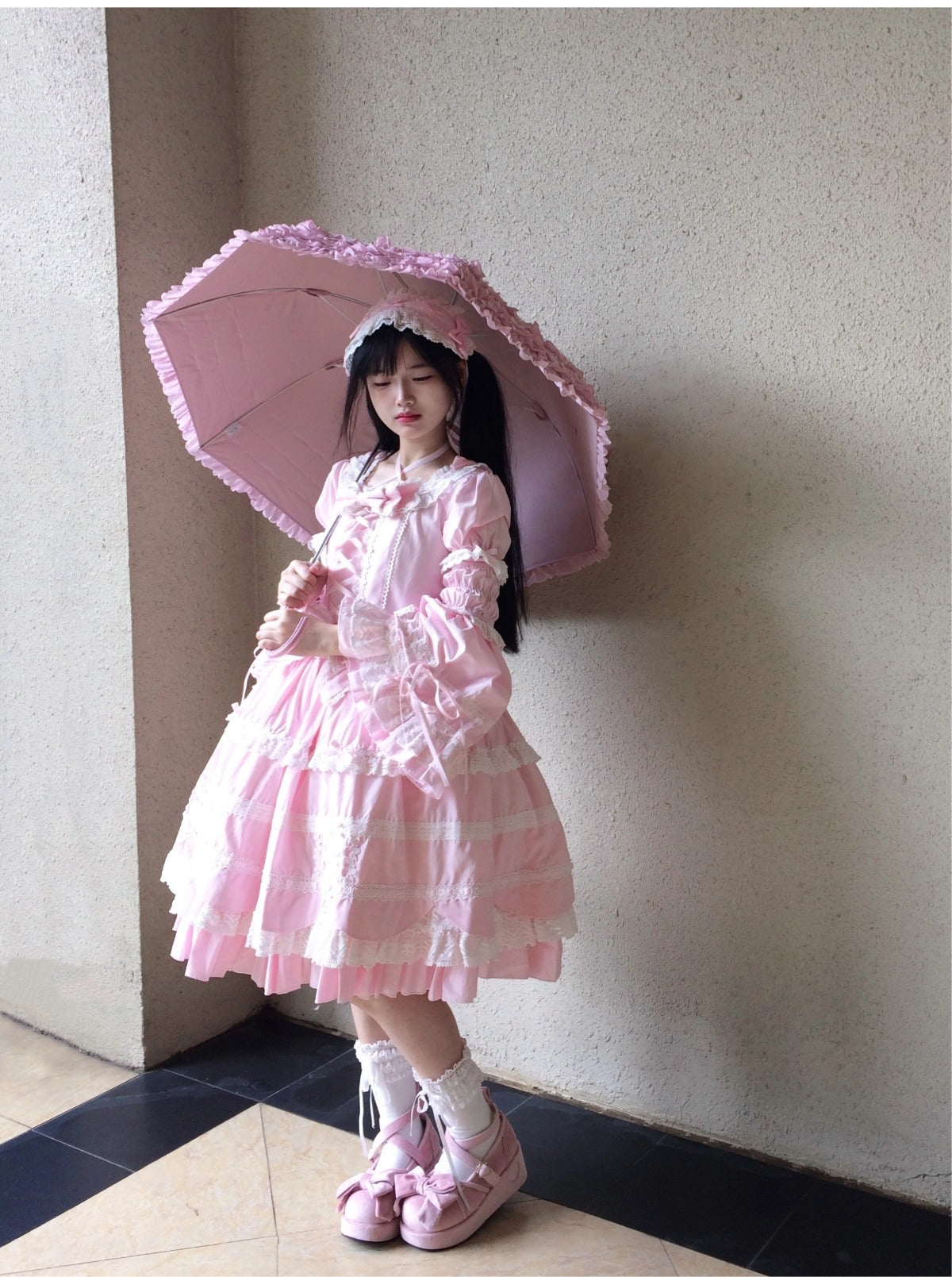 AerialCat~Cream Petals~Old School Lolita OP Tiered Ruffles Cotton Dress 42762:752764