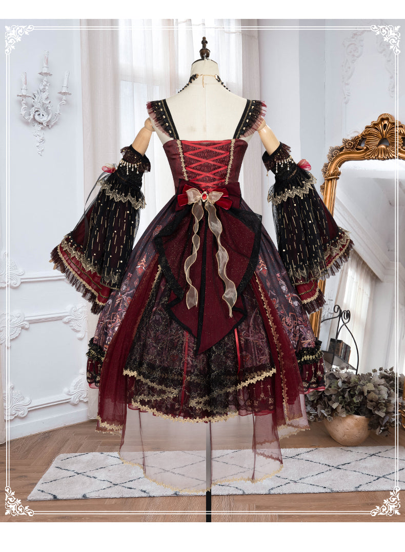 YingLuoFu - Black Red Retro Palace Elgant Classical Lolita JSK
